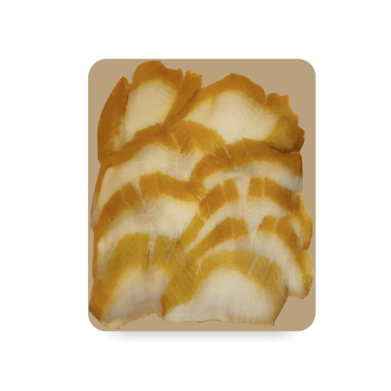 Filet z halibuta, studeně uzený, nakrájený na plátky, 125 g
